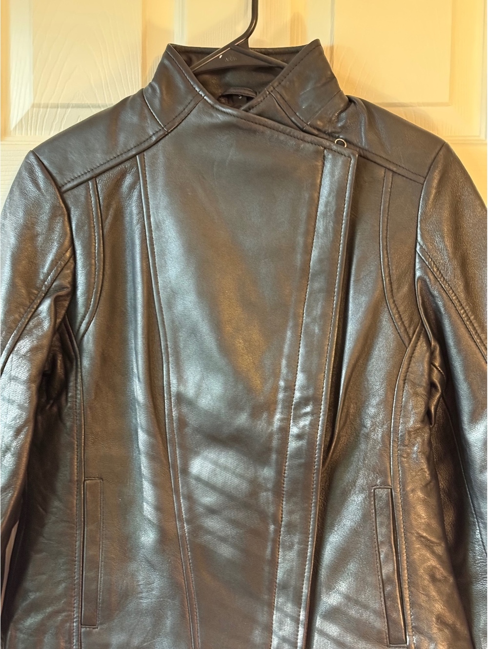 Black Leather Women's Jacket with Asymmetric Zipper
